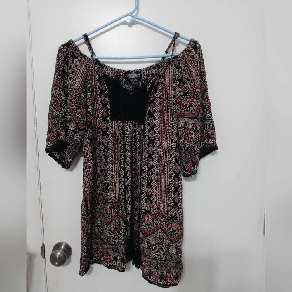 Angie Cold Shoulder Aztec Print 1/2 Sleeve tunic blouse Crocheted Edging tassels